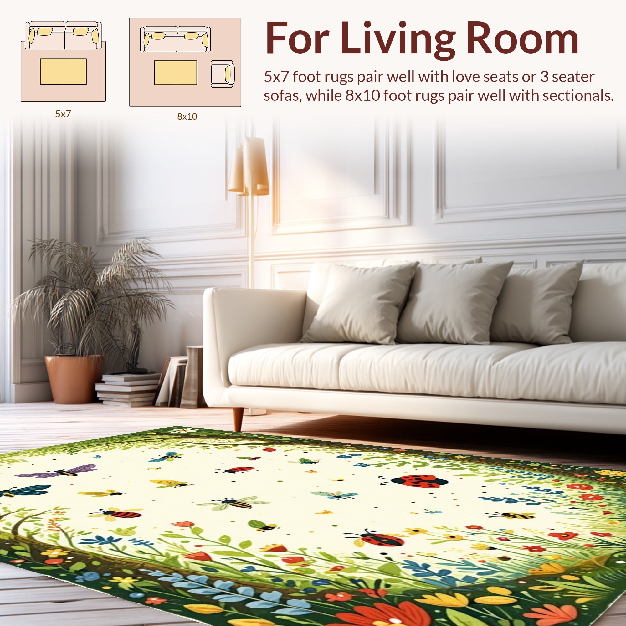 Whimsical Insects Floral Garden Scene Rug