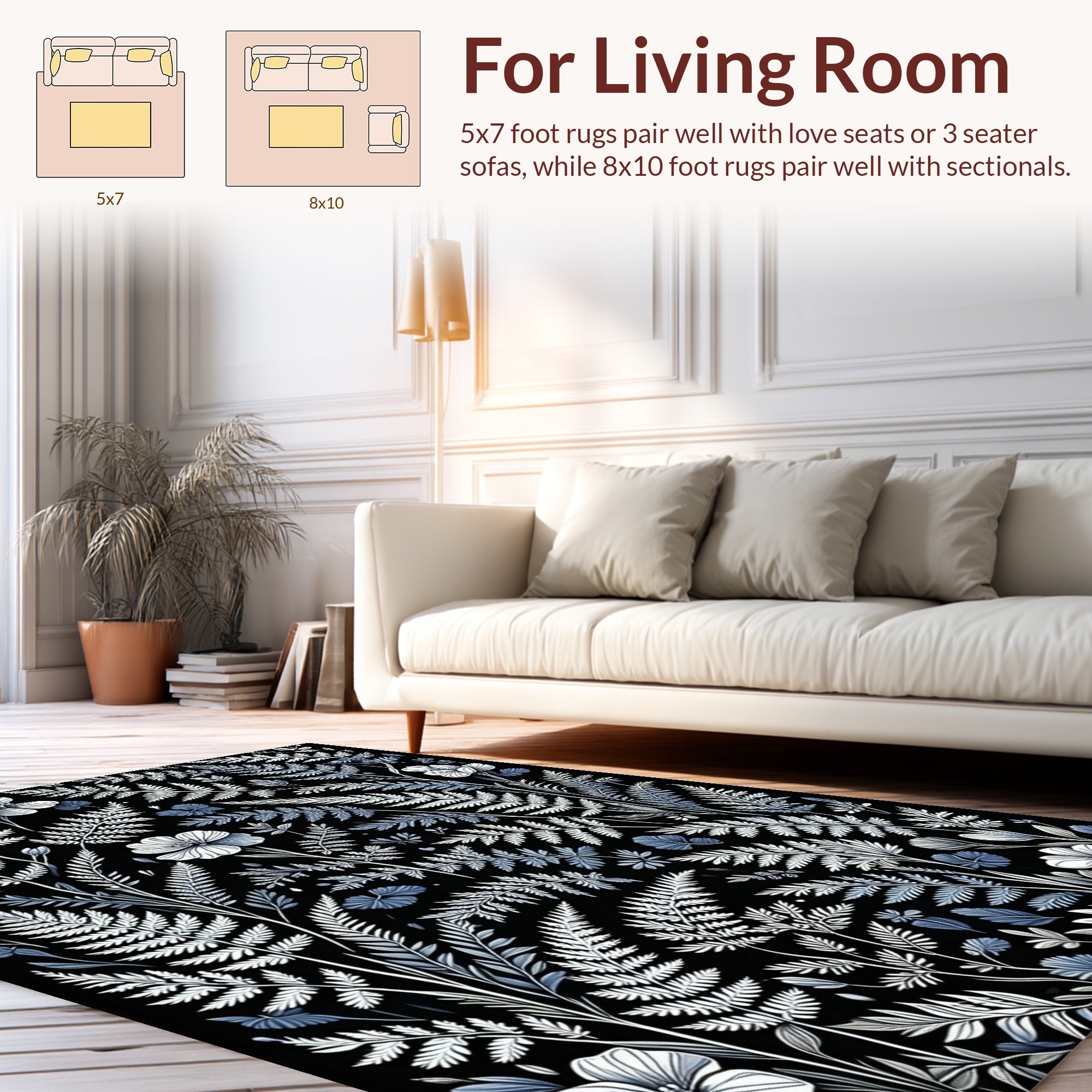 Botanical Fern And Flower Pattern Rug