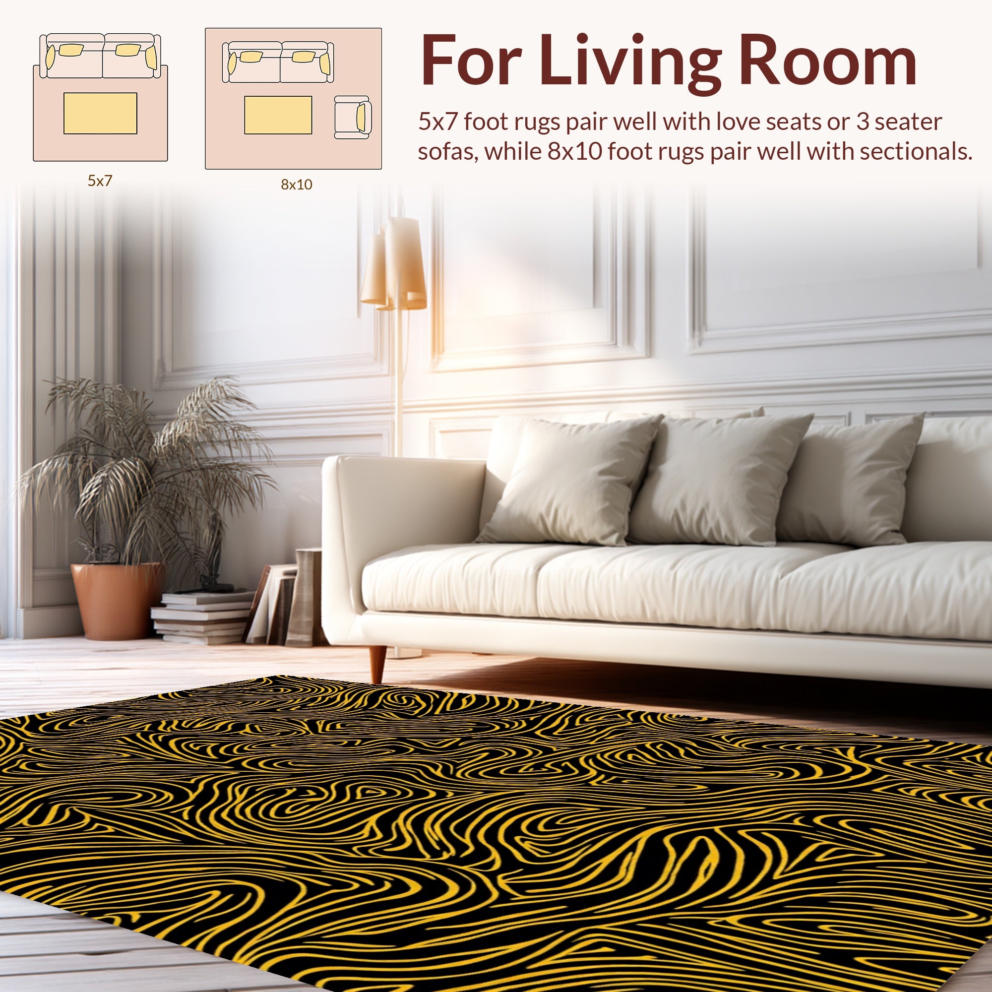 Abstract Swirls Golden Stripe Pattern Rug