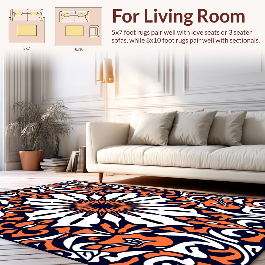 Symmetrical Orange White Navy Floral Pattern Rug