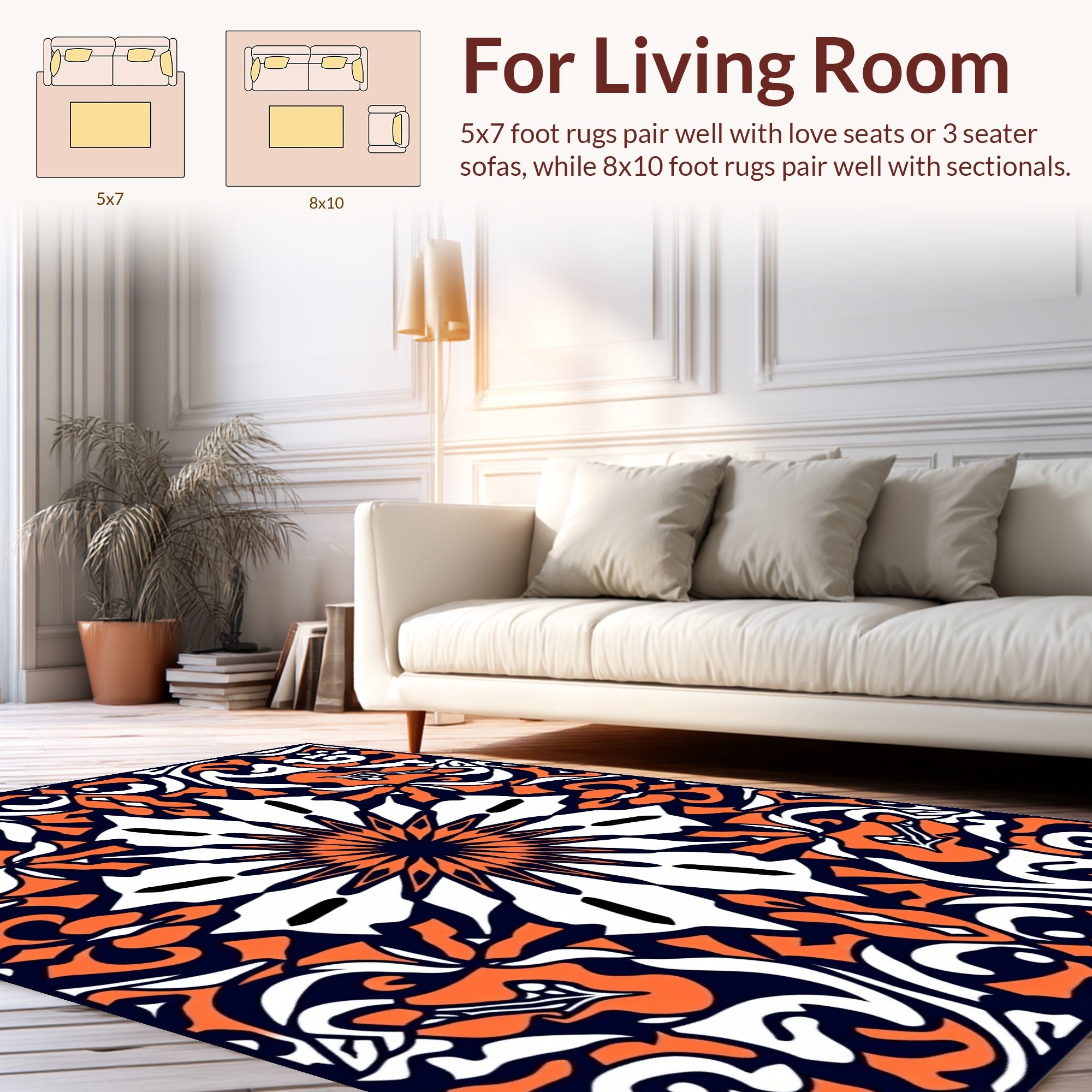 Symmetrical Orange White Navy Floral Pattern Rug