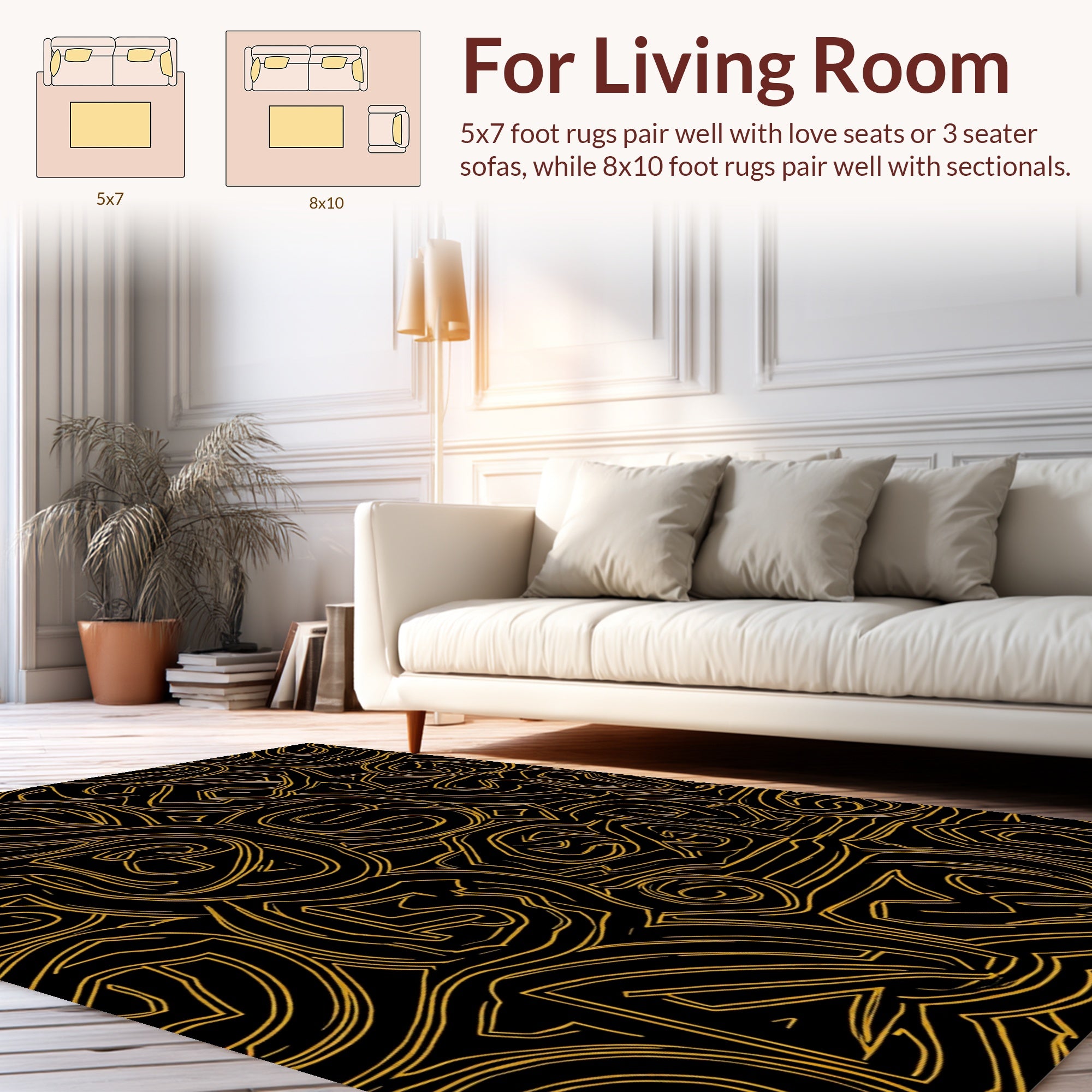 Black Gold Abstract Curvy Lines Design Rug