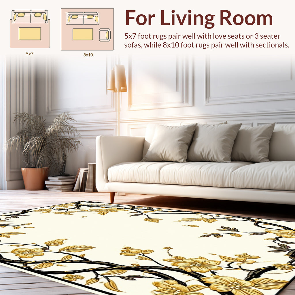 Golden Blossom Branch Border Design Rug