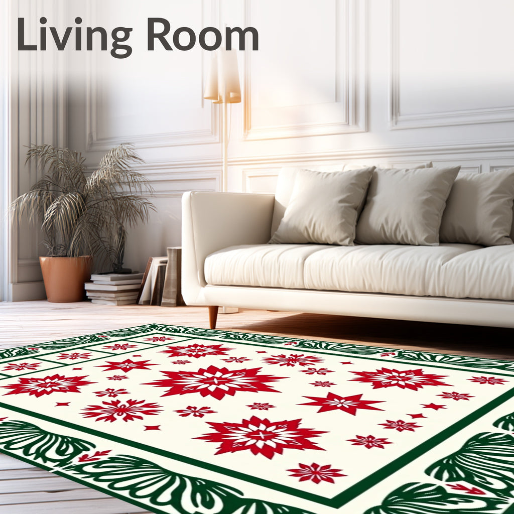Red White Starburst Floral Border Rug