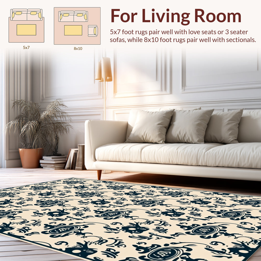 Dark Blue Vintage Floral Pattern Rug