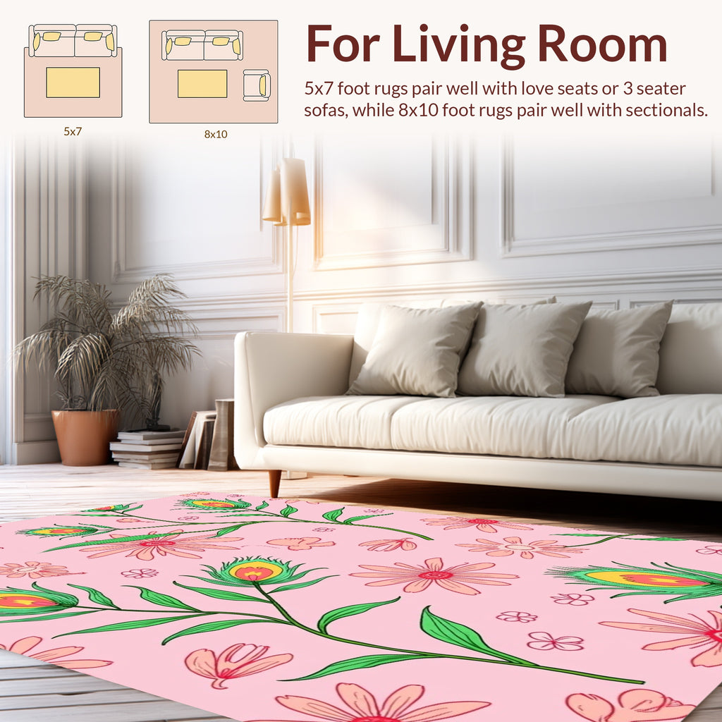 Peacock Feather Floral Pink Pattern Rug