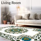 Green Blue Floral Medallion Border Rug