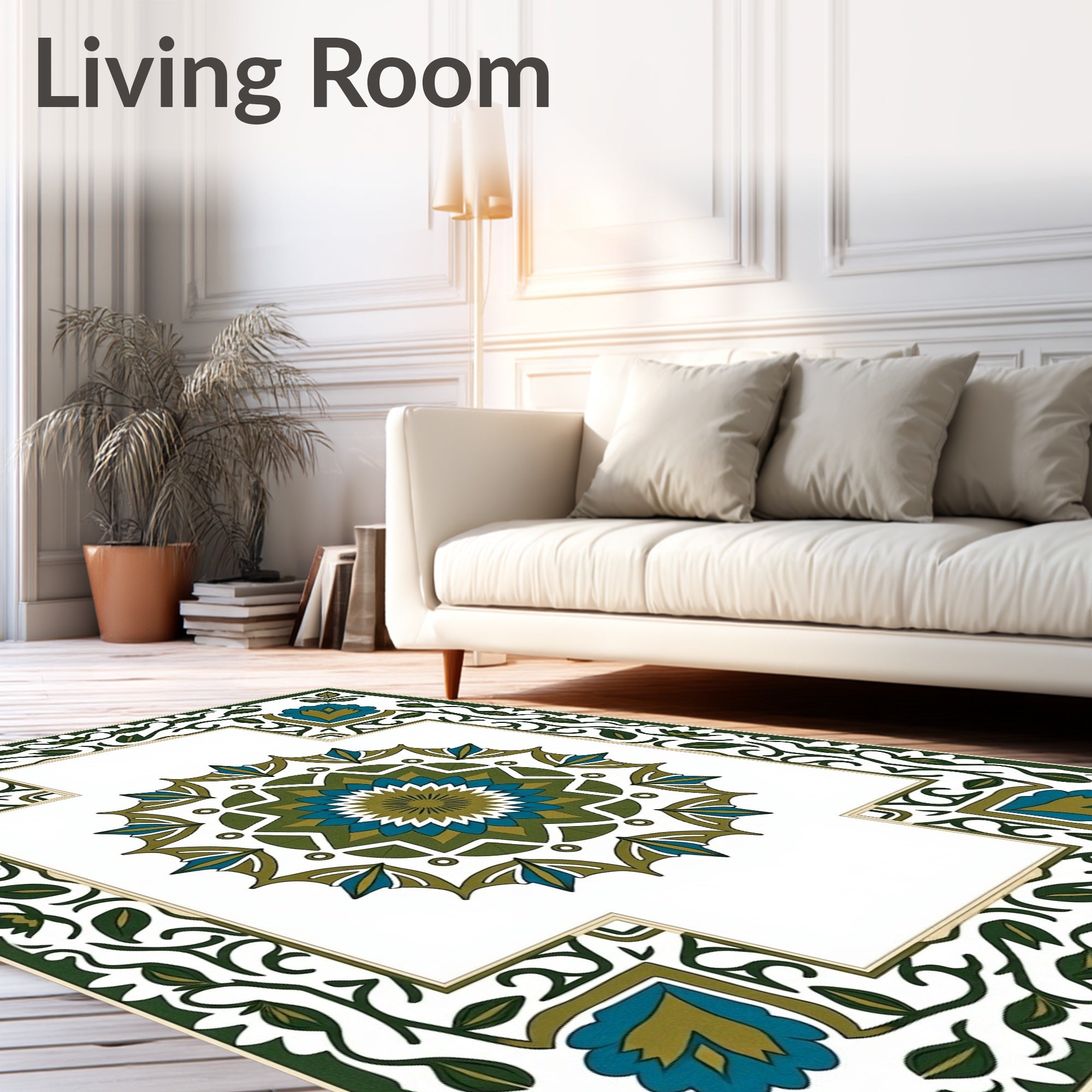 Green Blue Floral Medallion Border Rug
