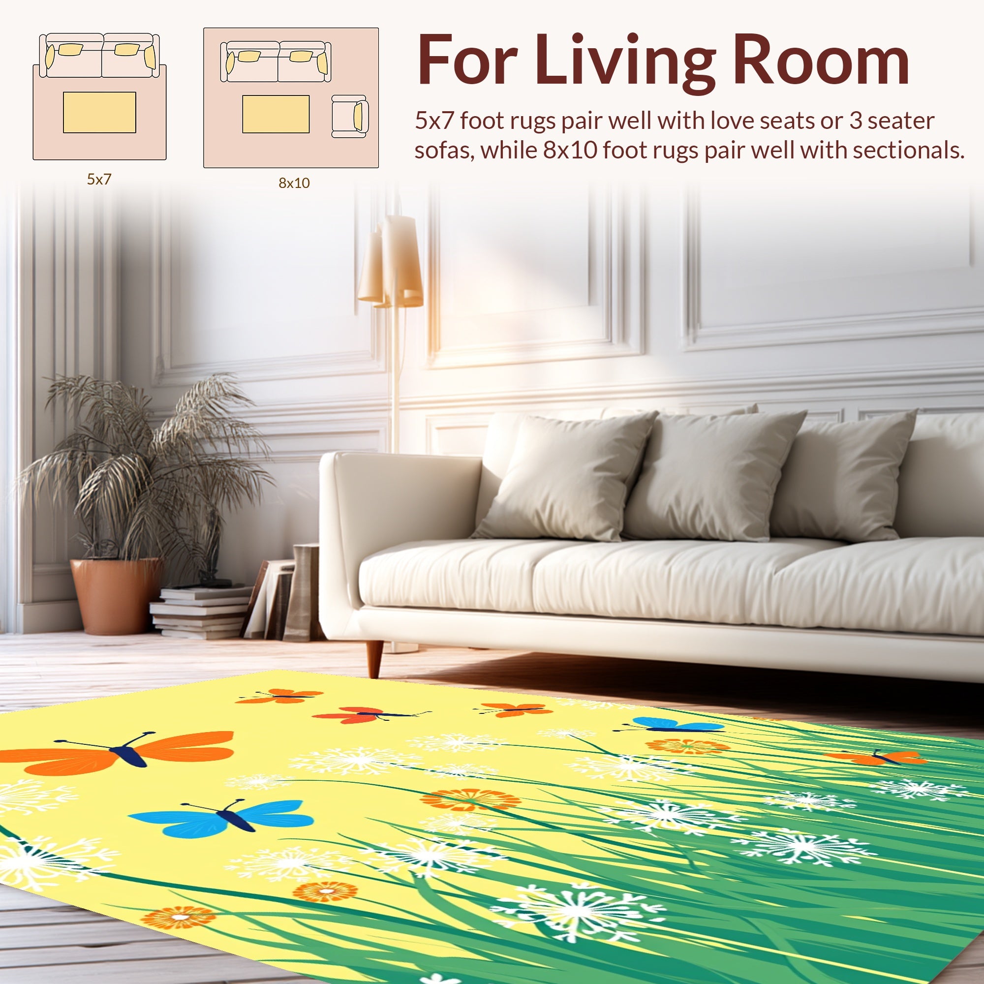 Whimsical Butterflies Floral Field Pattern Rug