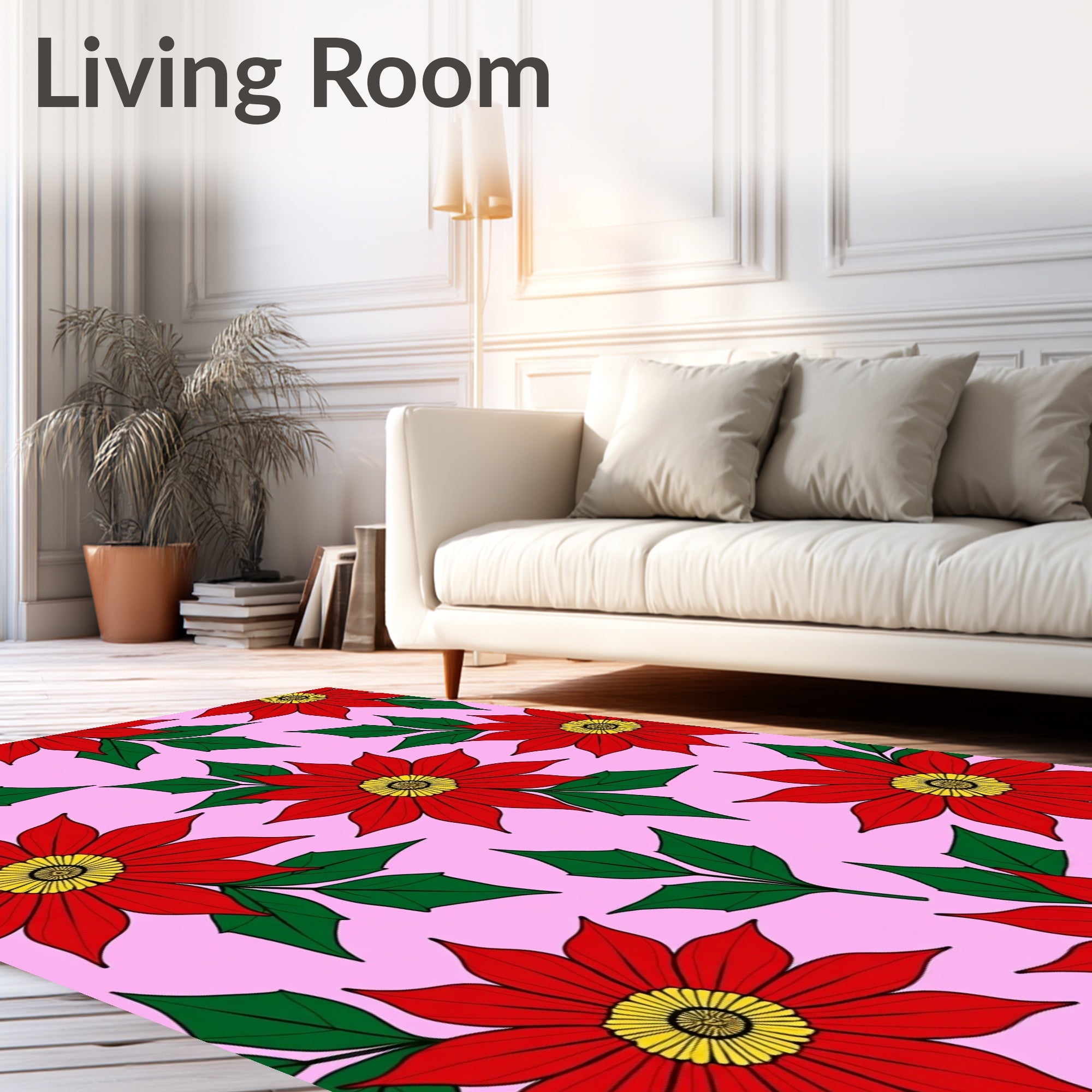 Vibrant Red Floral Garland Pink Rug