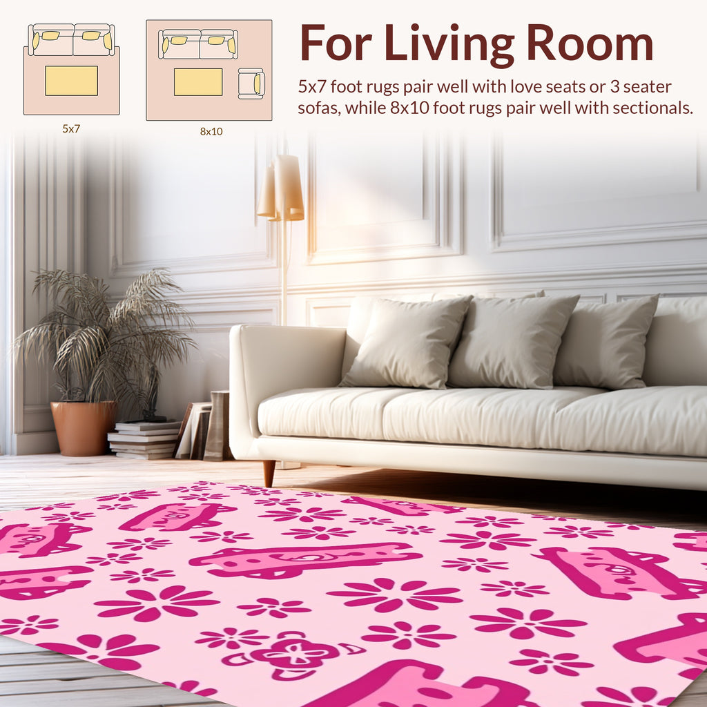 Pink Graphic Flowers And Whimsical Elements Rug