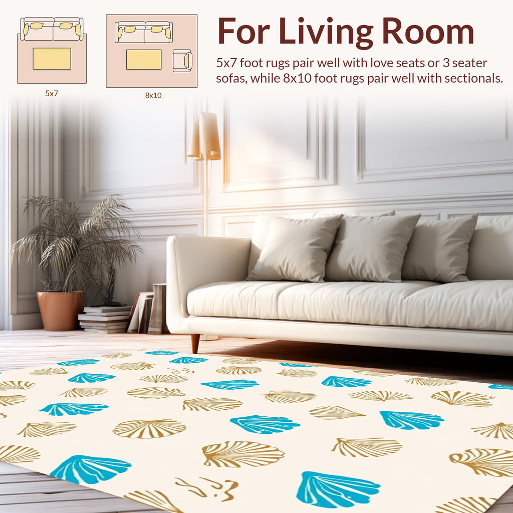 Ocean Seashells Blue Gold Pattern Rug