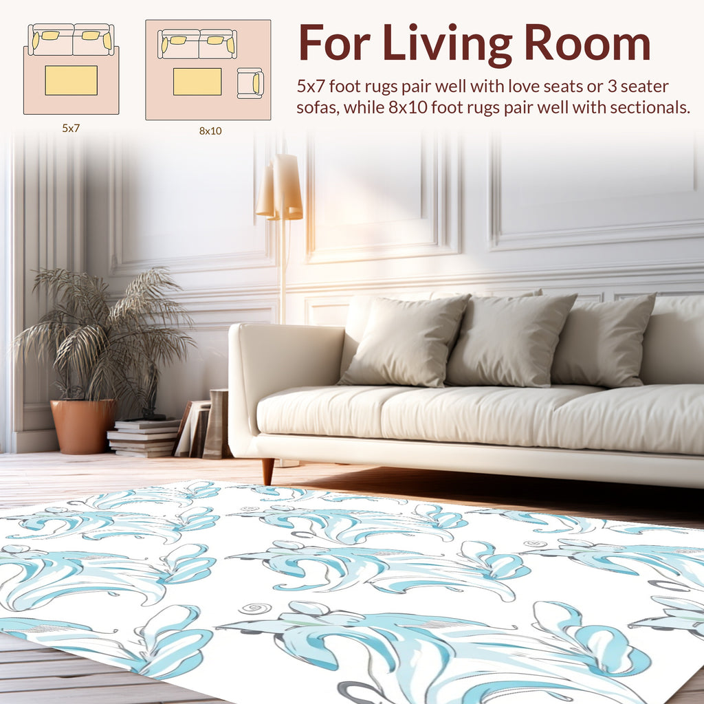 Abstract Swirls Blue Floral Pattern Rug