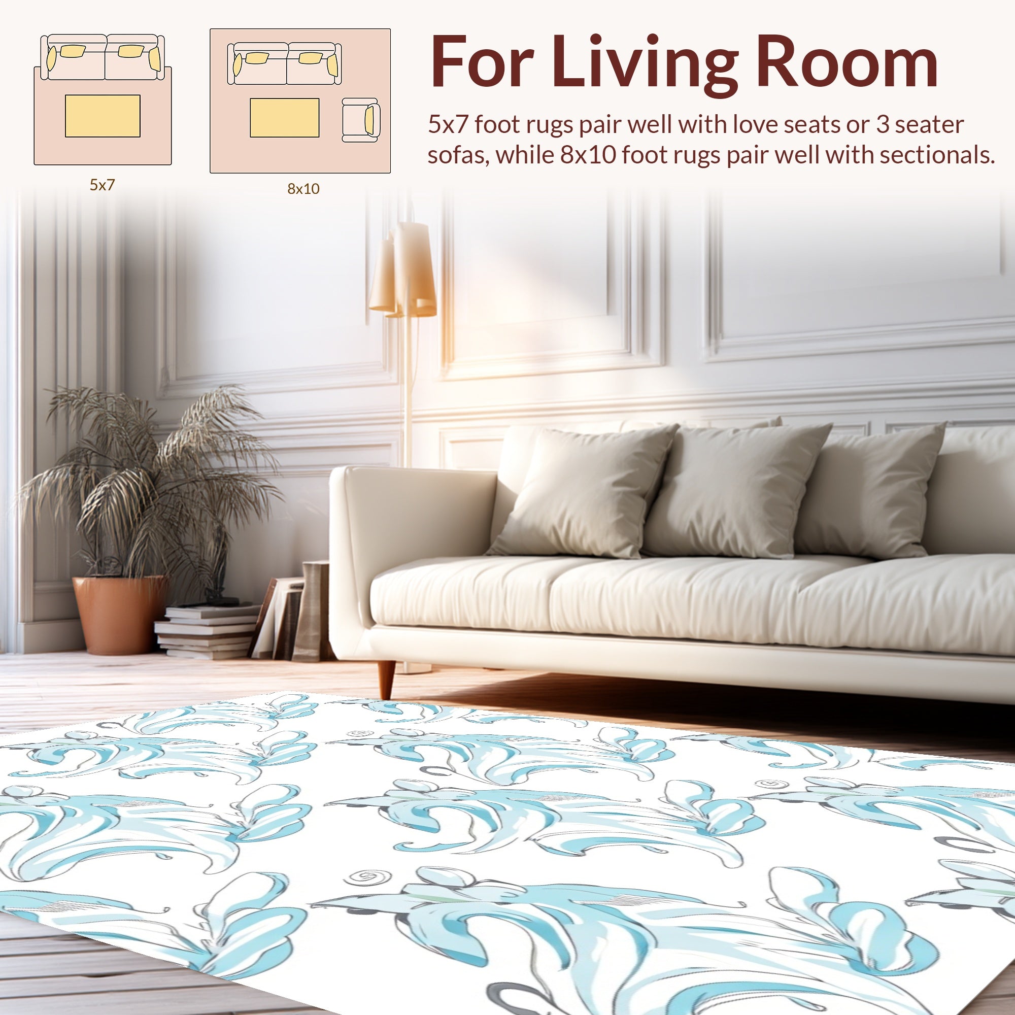 Abstract Swirls Blue Floral Pattern Rug