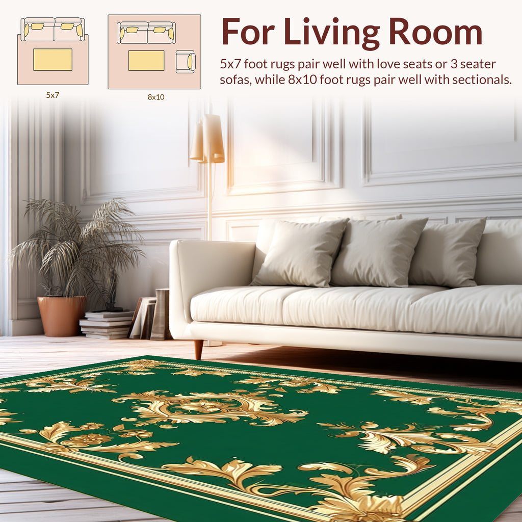 Ornate Gold Floral Green Scroll Design Rug