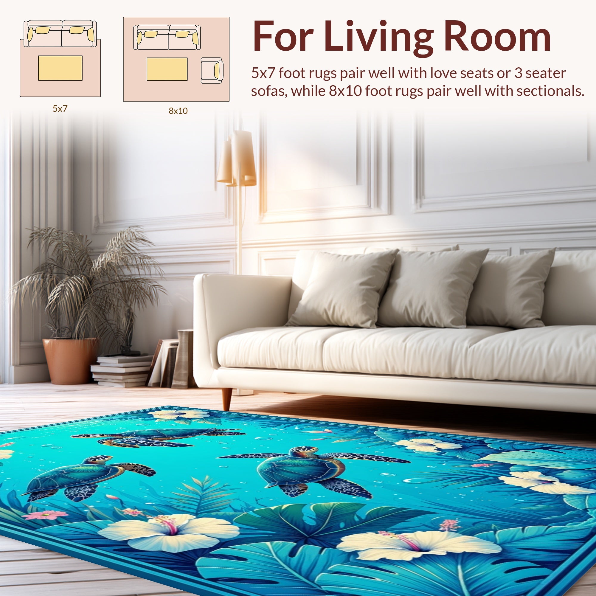 Watercolor Sea Turtles and Tropical Flowers Rug