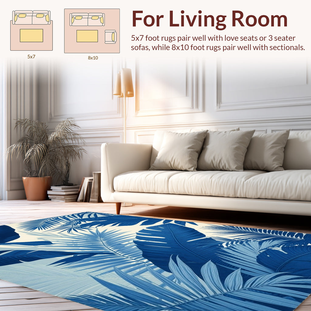 Tropical Leaf Patterned Indigo Design Rug