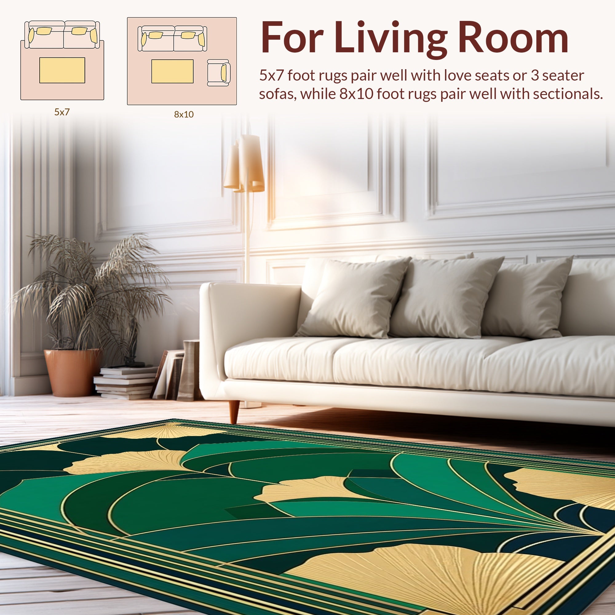 Art Deco Green Gold Leaf Pattern Rug