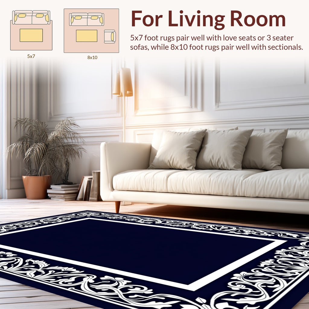 Ornate Floral Scrollwork White Border Rug