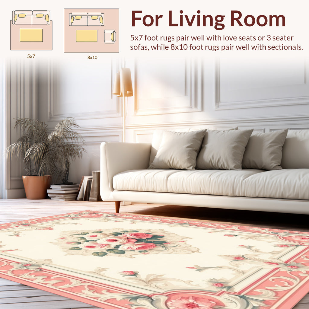 Ornate Floral Scrollwork Pink Roses Rug