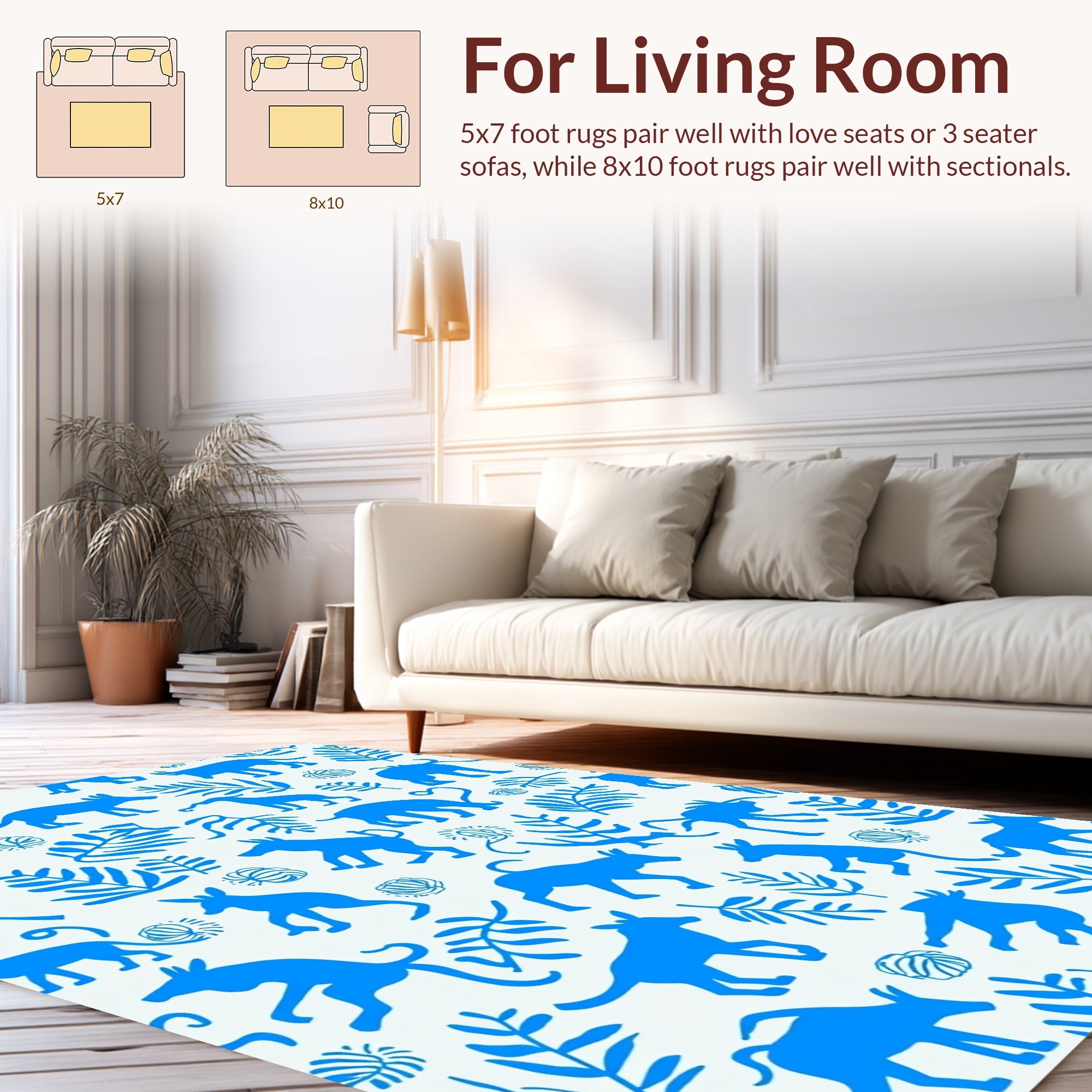 Playful Blue Animal Leaf Motif Rug