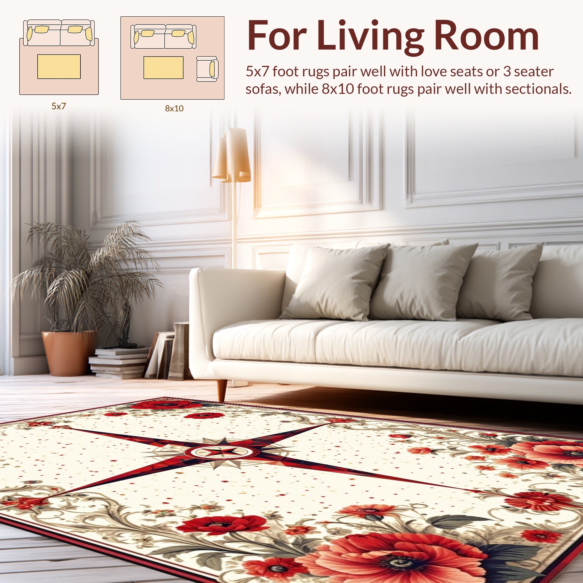 Bold Red Compass Floral Vintage Design Rug