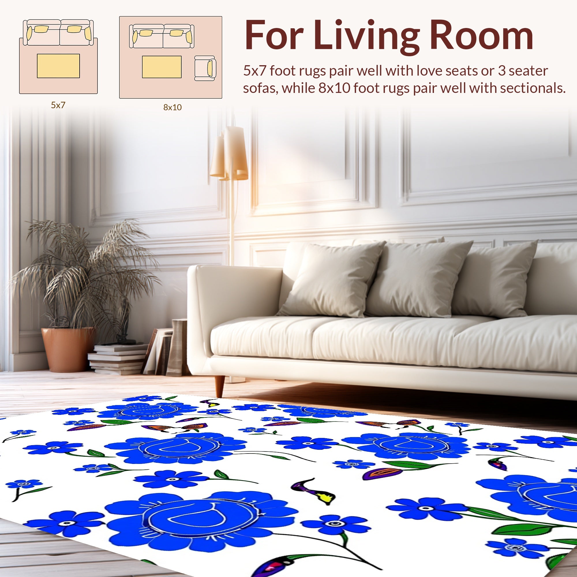 Vibrant Blue Floral Garden Pattern Rug