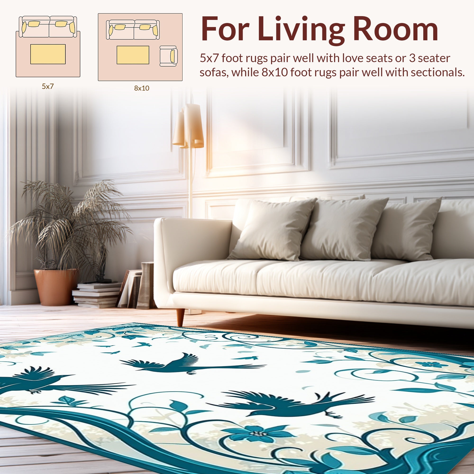 Teal Birds and Flora Scroll Design Rug