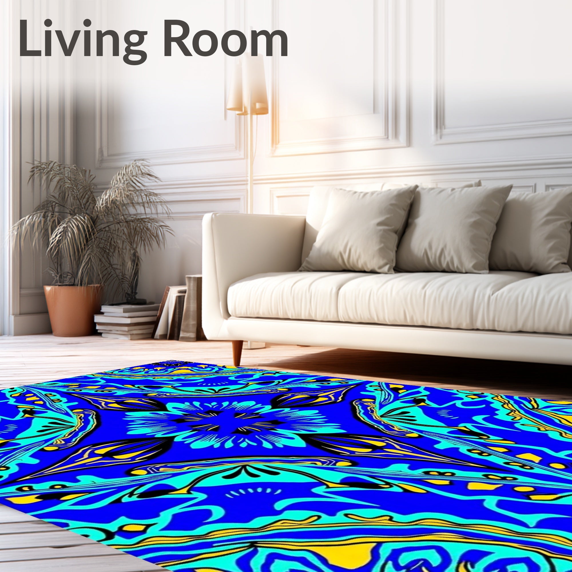 Royal Blue Yellow Teal Abstract Medallion Rug