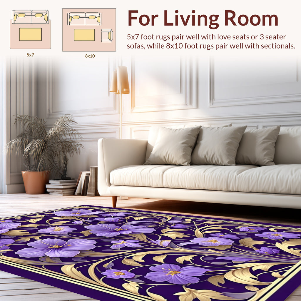 Lavish Purple Floral Golden Vine Rug
