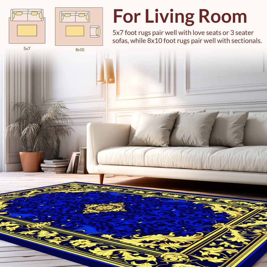 Royal Blue Gold Ornate Floral Rug