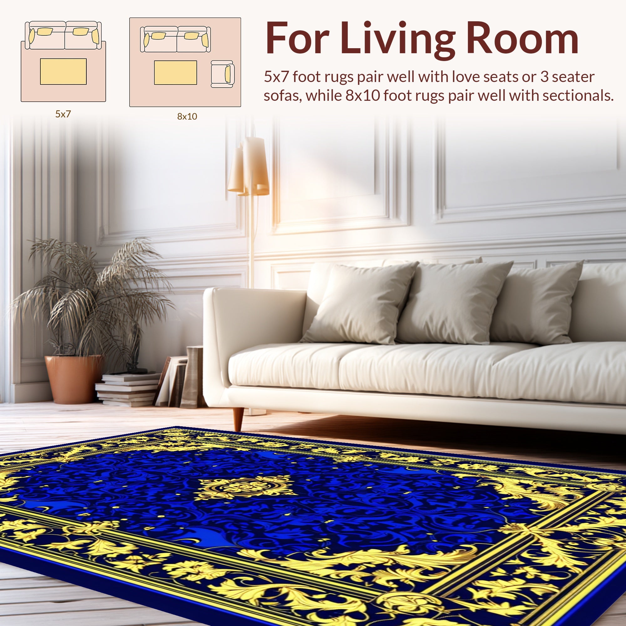Royal Blue Gold Ornate Floral Rug