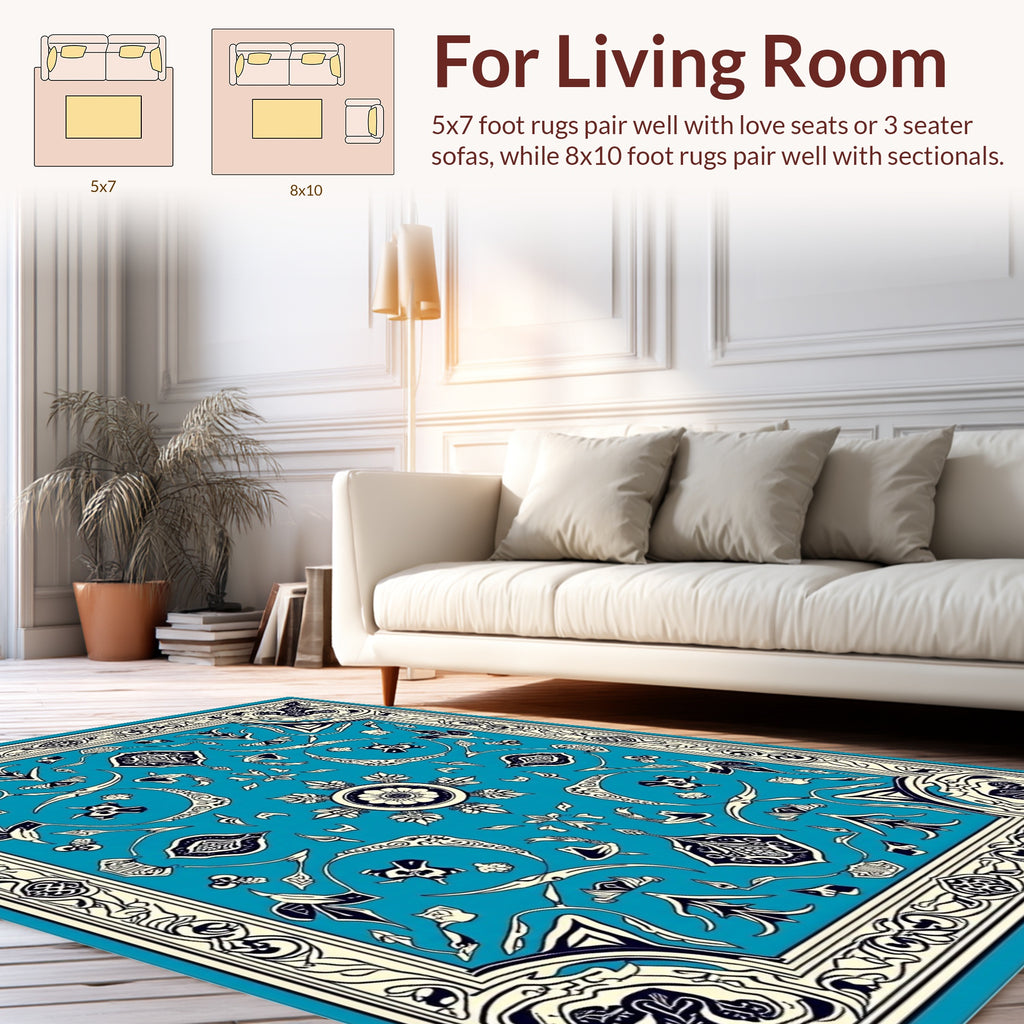 Ornate Blue Floral Arabesque Area Rug