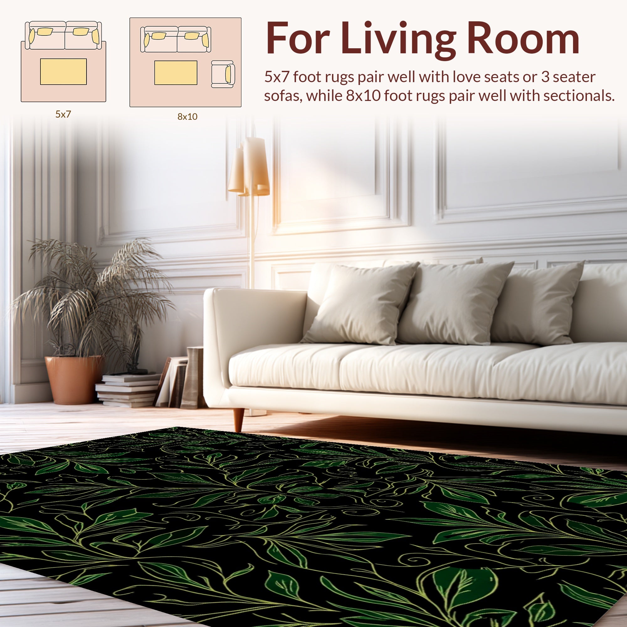 Lush Green Leafy Vine Pattern Rug