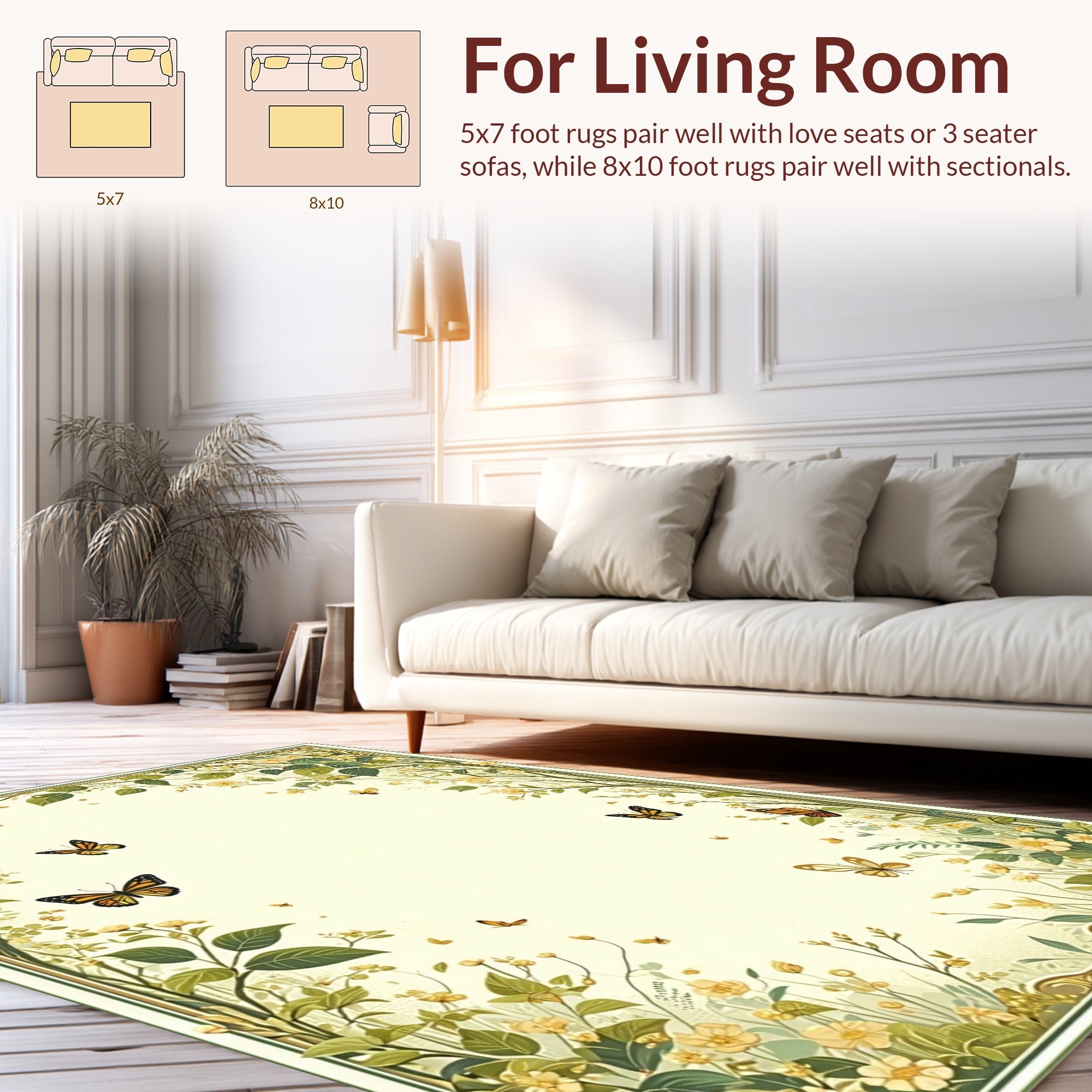 Whimsical Yellow Floral Butterfly Design Rug