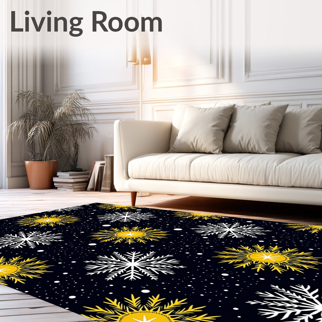 Dark Sky Golden White Snowflakes Rug