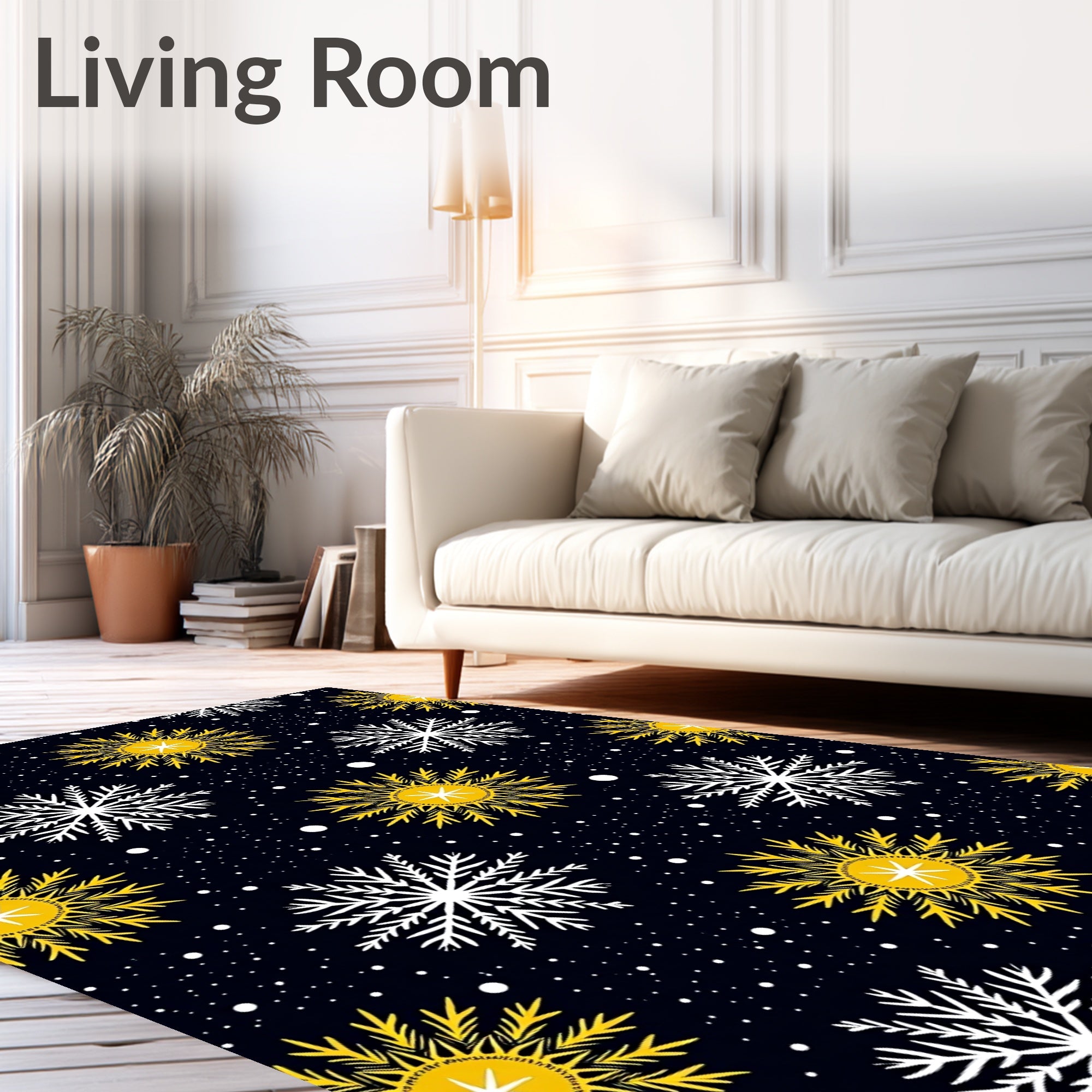 Dark Sky Golden White Snowflakes Rug