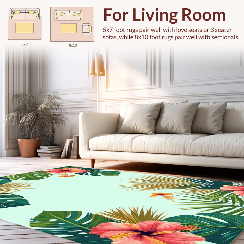 Tropical Hibiscus Palm Leaf Pattern Rug