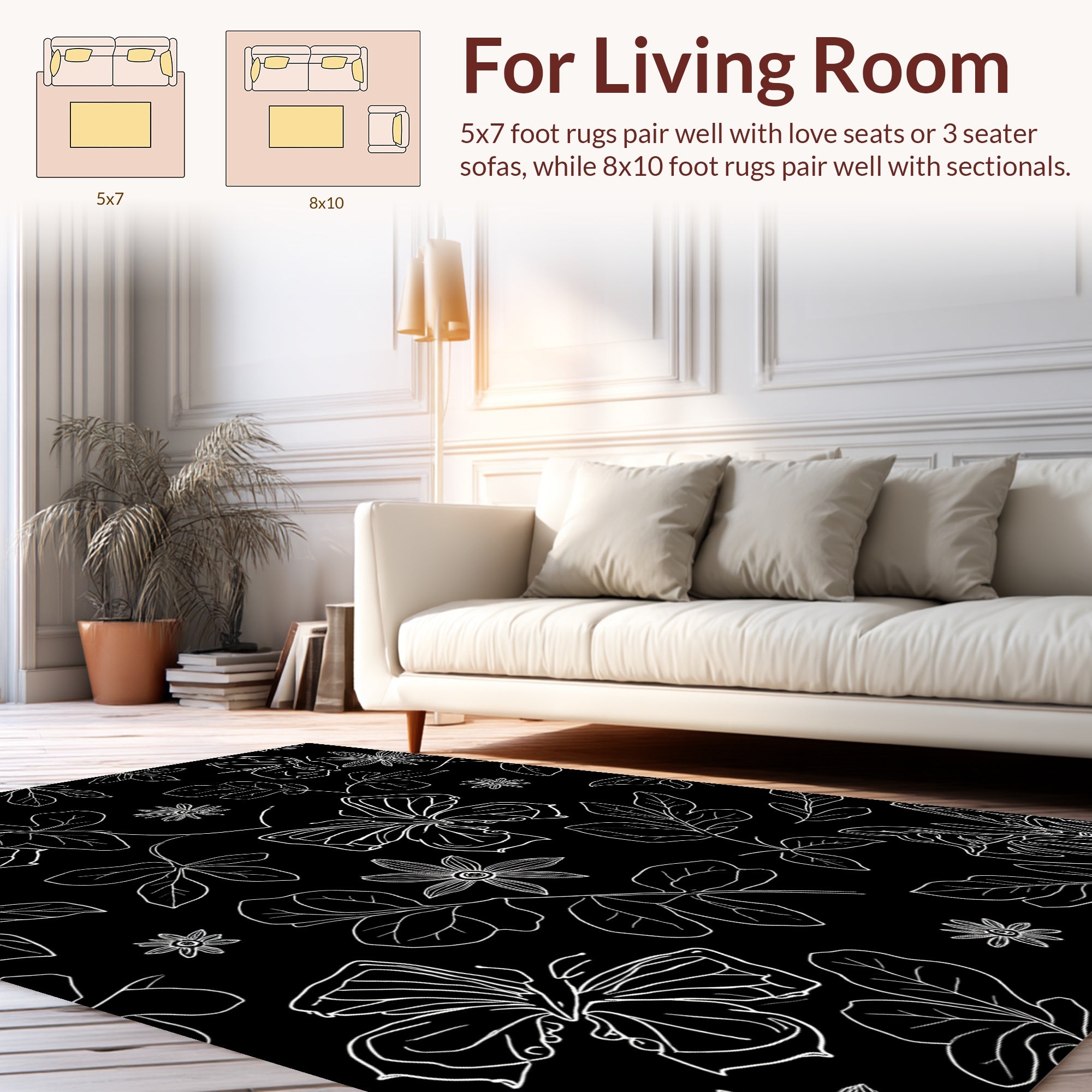 White Butterfly Floral Sketch Design Rug