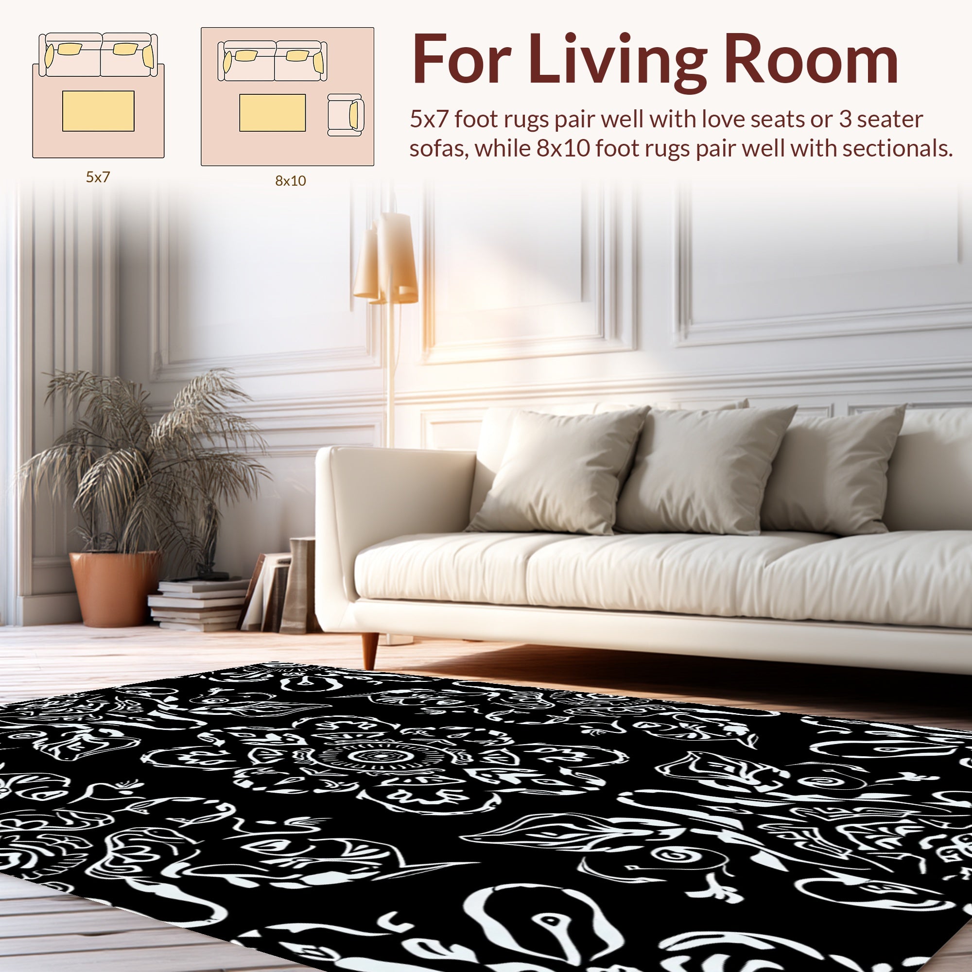 Intricate Floral Mandala Pattern Black White Rug