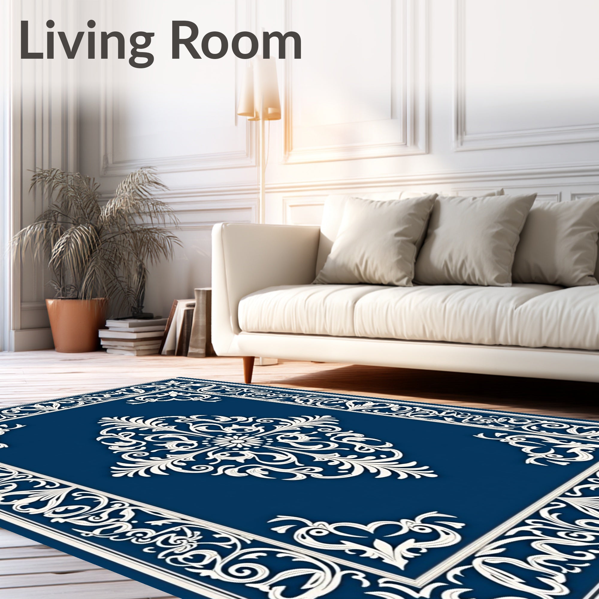 Ornate White Floral Medallion Navy Rug