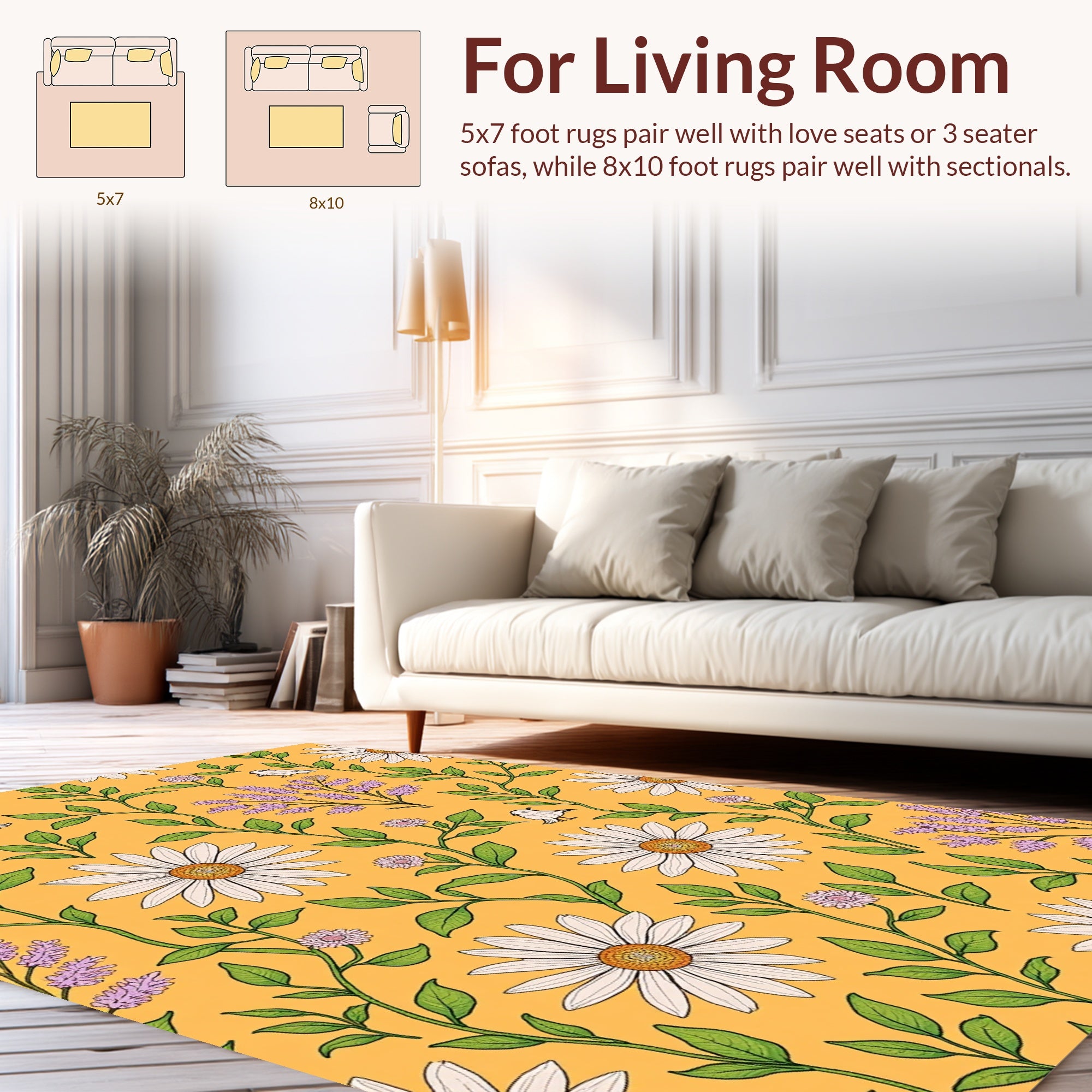 Daisies Lavender Birds Vines Pattern Rug