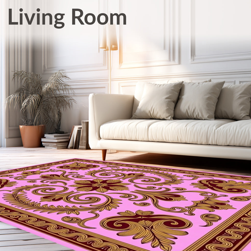 Ornate Pink and Gold Floral Filigree Rug
