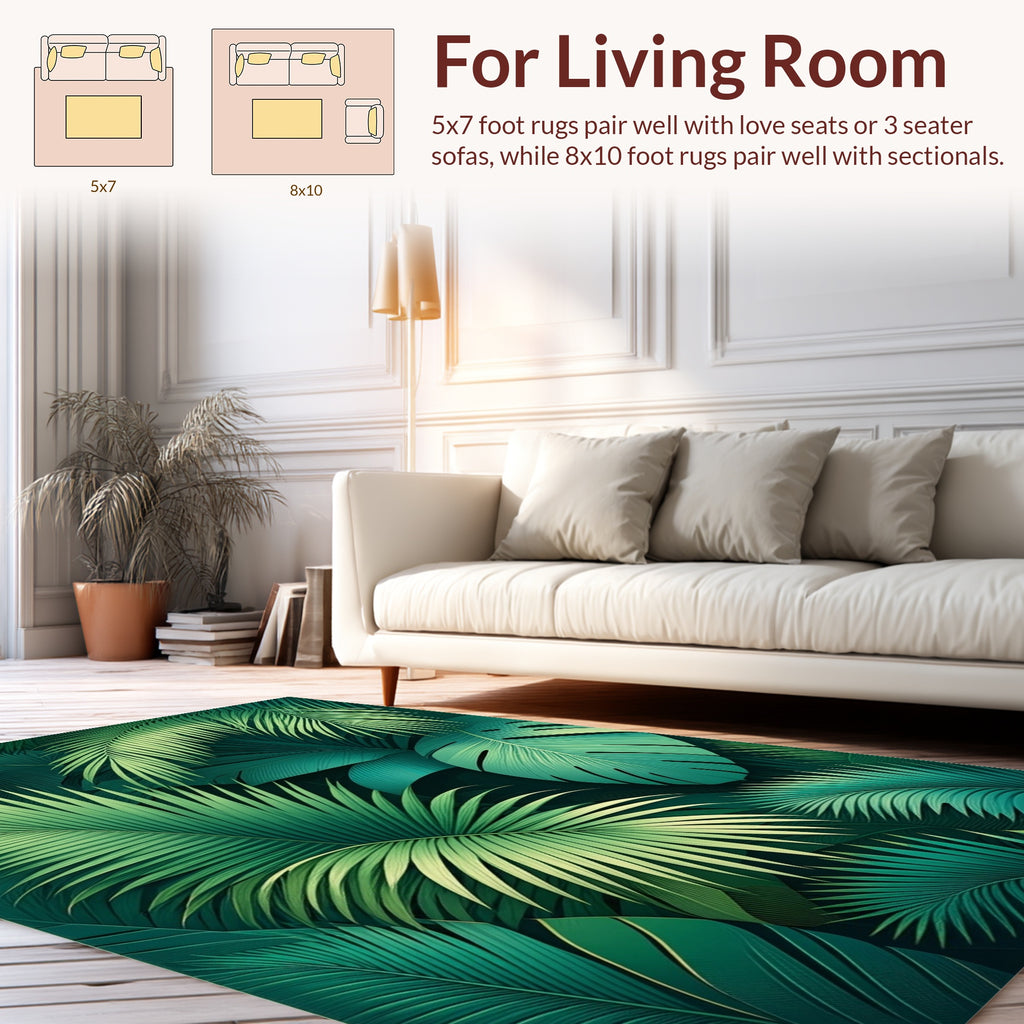 Lush Green Tropical Leaf Pattern Rug