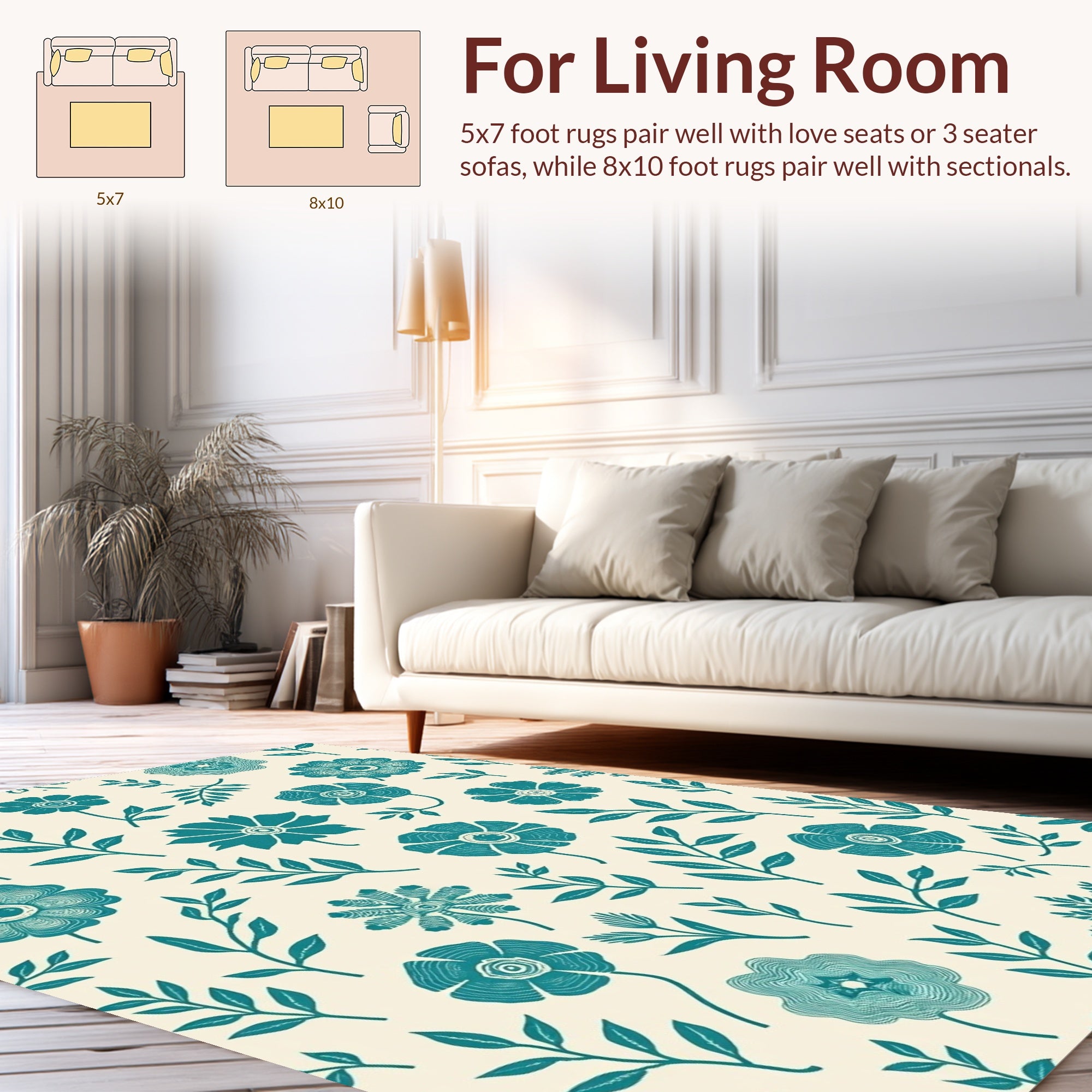 Teal Floral With Abstract Branch Pattern Rug