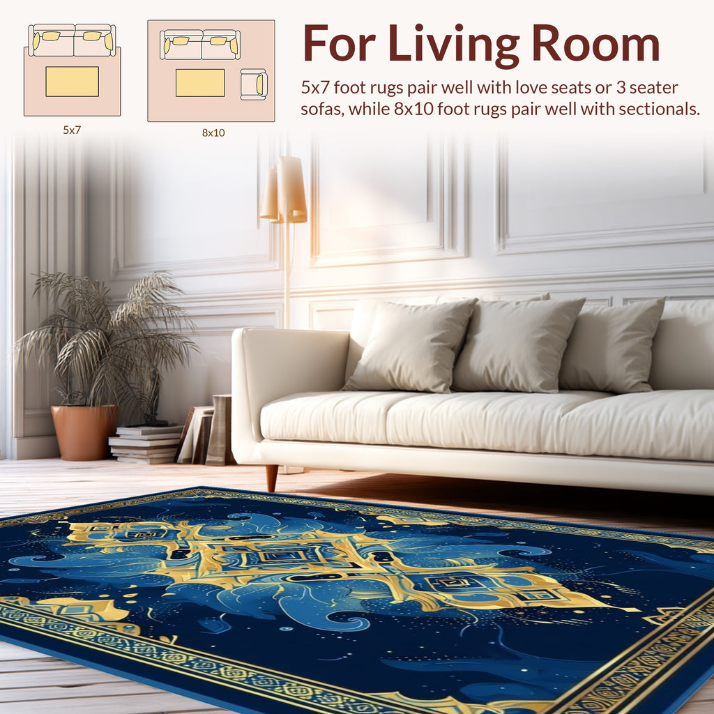 Ornate Blue Gold Mandala Pattern Rug