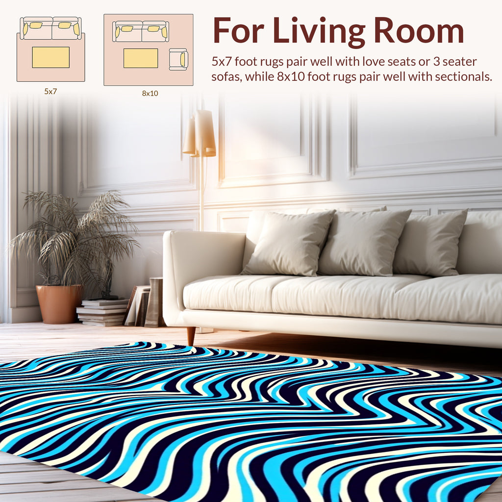 Bold Blue White Wavy Striped Design Rug