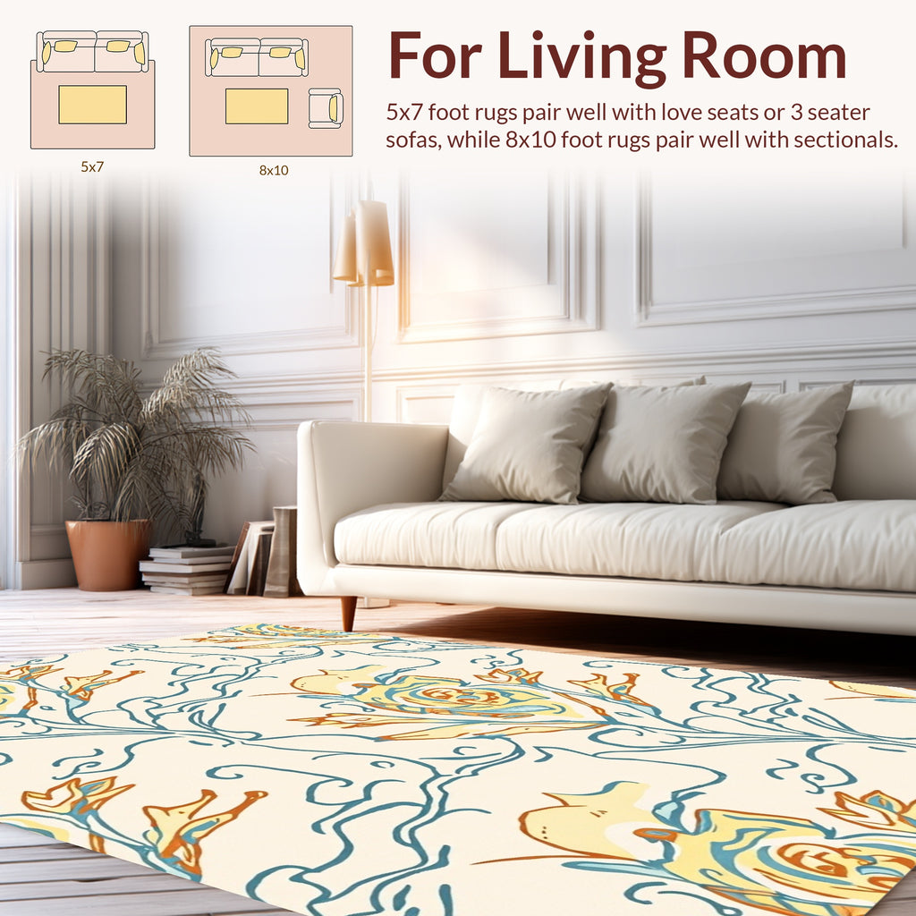 Stylized Floral Vine Pattern With Yellow Roses Rug