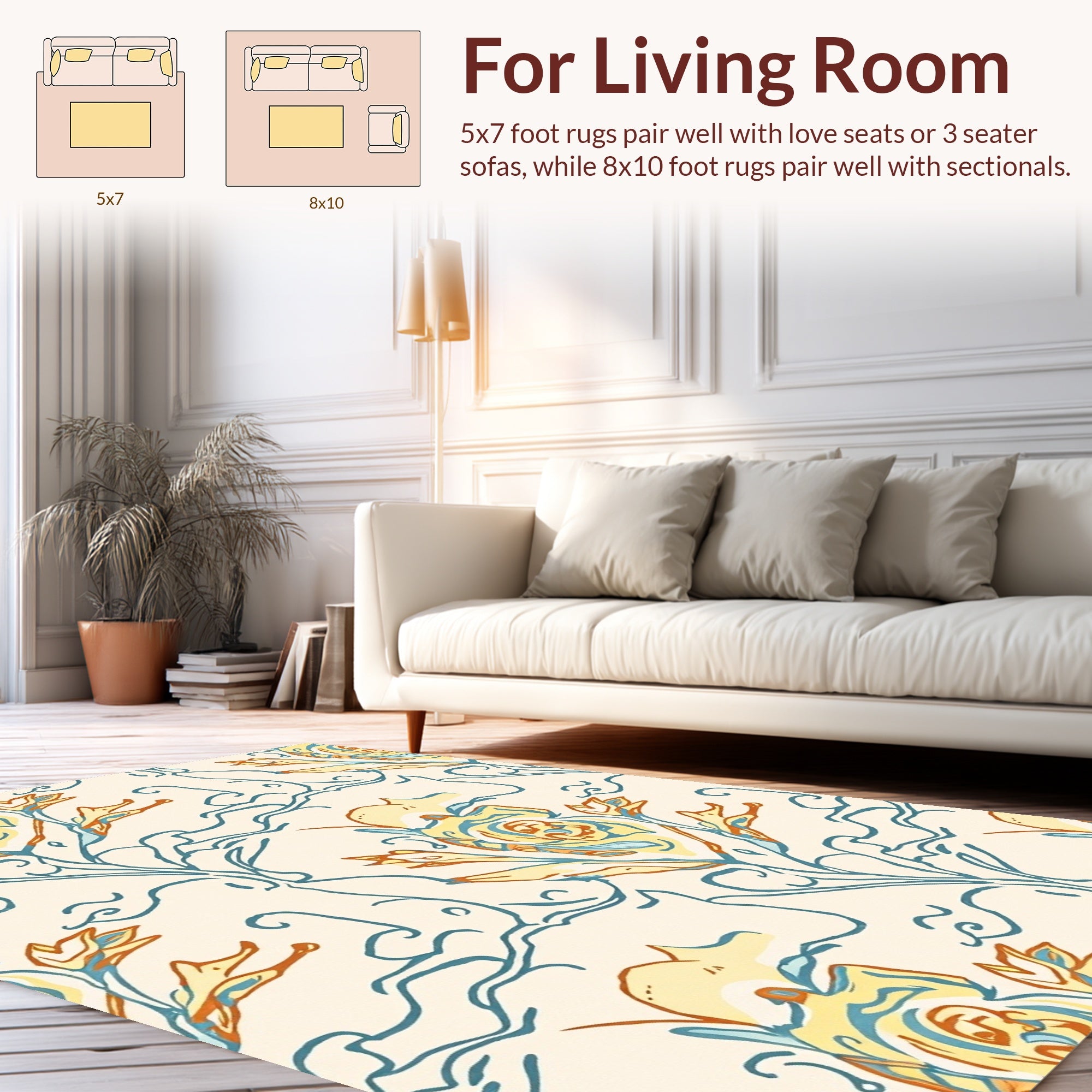 Stylized Floral Vine Pattern With Yellow Roses Rug
