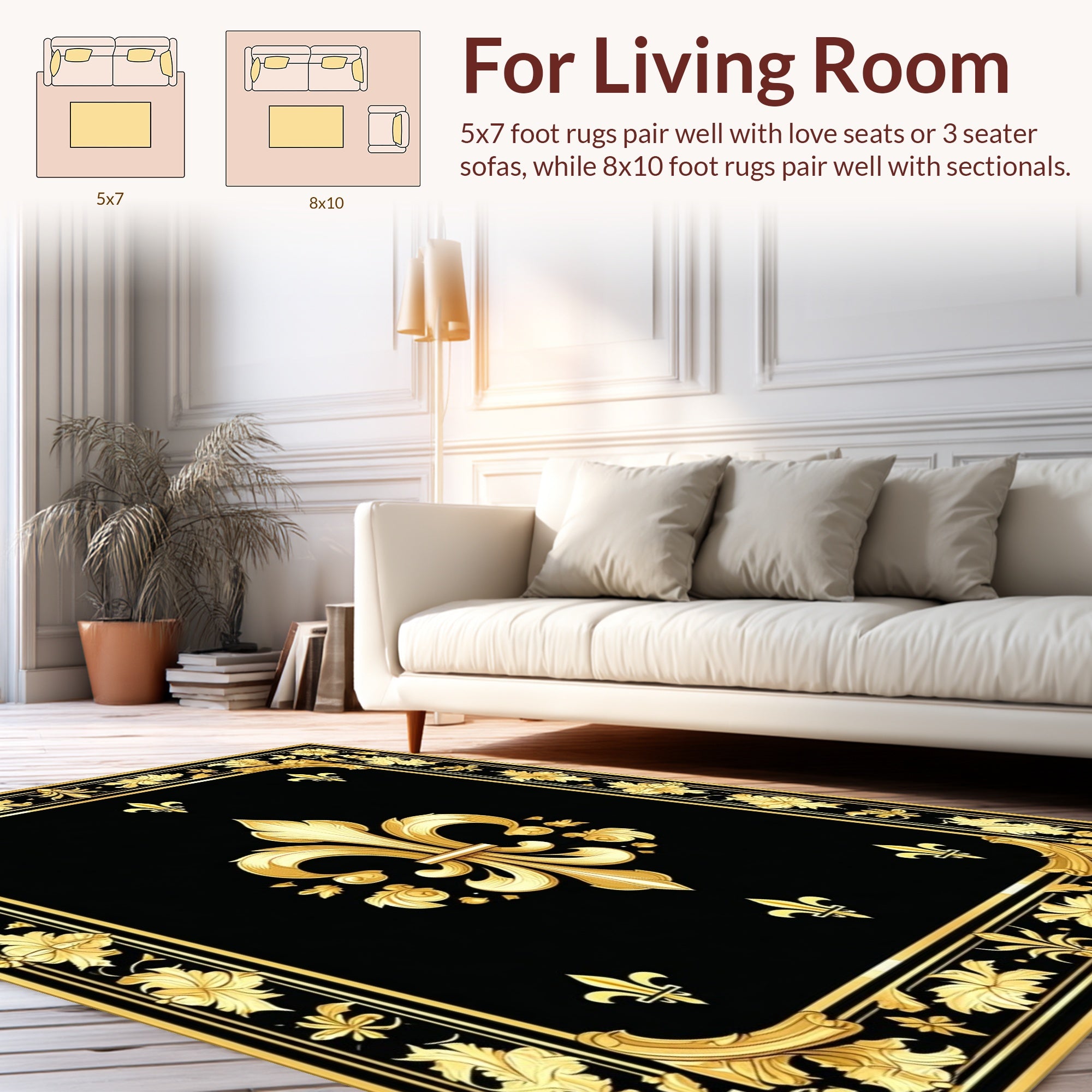 Regal Gold Fleur-de-lis Black Floral Rug